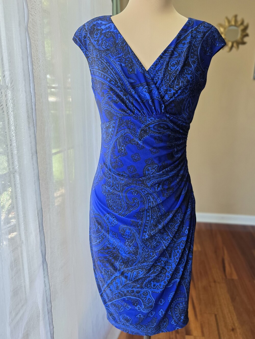 Ralph Lauren Blue Black Paisley Ruched Faux Wrap Stretch Sheath Dress Size 6